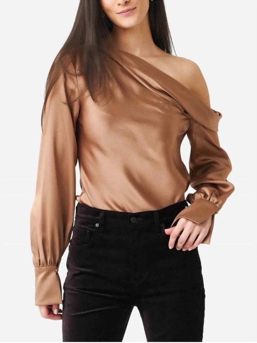 Jonathan Simkhai Satin One-Shoulder Blouse In Brown